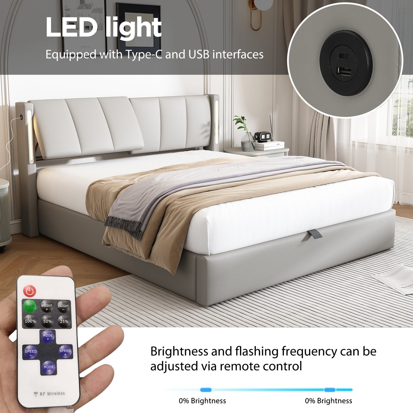 LED Upholstered Bed ,Double Bed-4ft6 135X190cm Hydraulic Bed, Rechargeable USB Port In Bed, With LED Lighting, With Storage Space, Adjustable Headboard, PU , Grey