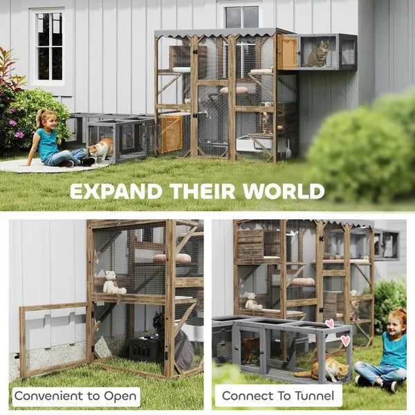 Outdoor Cat Enclosure With Window Access, 5 Platforms And 2 Resting Boxes, Waterproof Roof For Multiple Cats