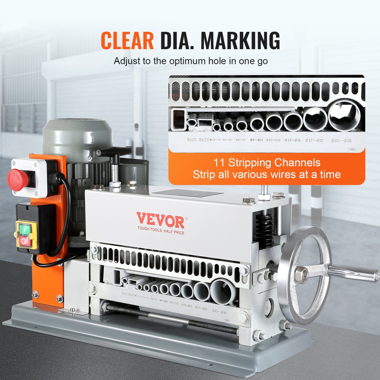 Automatic Wire Stripping Machine, 0.06''-1.42'' Electric Motorized Cable Stripper, 370 W, 88 Ft/min Wire Peeler With An Extra Manual Crank, 11 Channels For Scrap Copper Recycling
