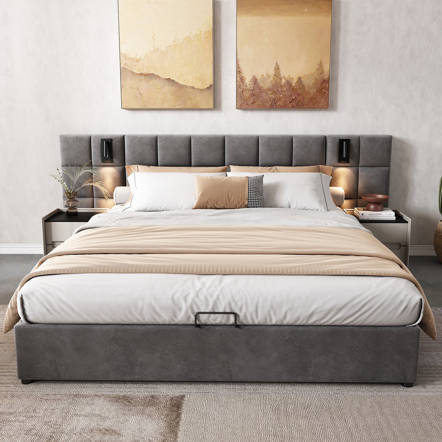 Upholstered Bed, Double Bed-4ft6 135x190cm, Hydraulic Storage Bed With Directional Lamp And USB Charging, Wide Headboard, Without Bedside Tables And Mattress, Velvet, Grey
