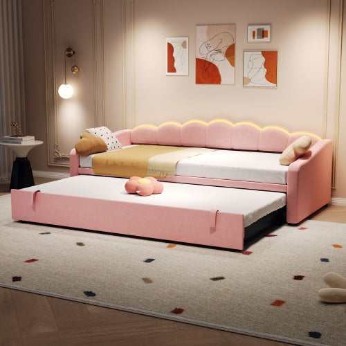Upholstered Bed 90x190cm, Daybed, Sofa Bed With RGB LED Lighting, 3ft Petal Shape Single Bed With Trundle,Pull Out Trundle Bed For Living Room Bedroom Study Room, Velvet,