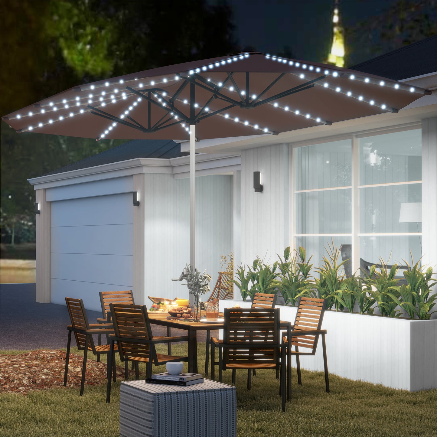 15ft Double-Sided Outdoor Umbrella With Solar Lights, Extra Large Aluminum Patio Umbrella With Crank, Tan