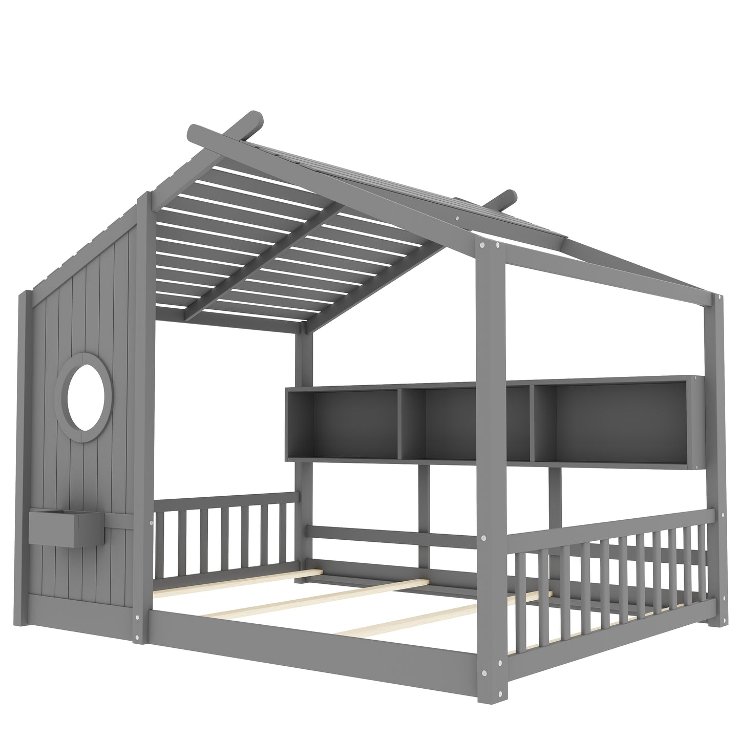 Full Size Floor House Bed For Toddler, Kids Montessori Bed With Storage Shelf, Playhouse Bed With Roof Design, Gray