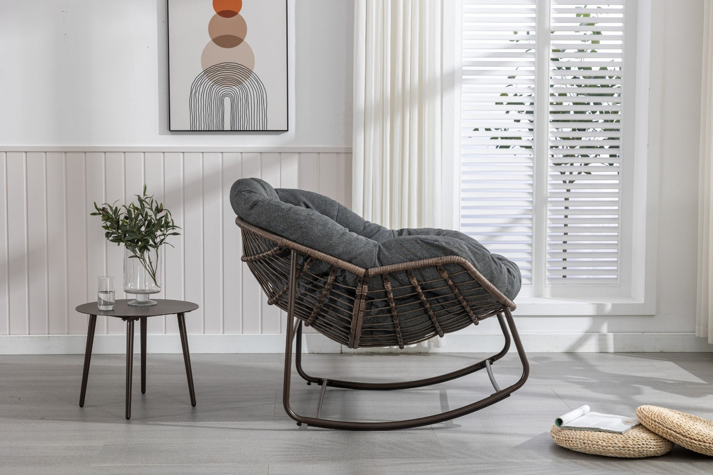 Outdoor Rattan Rocking Chair With Padded Cushion For Porch And Living Room