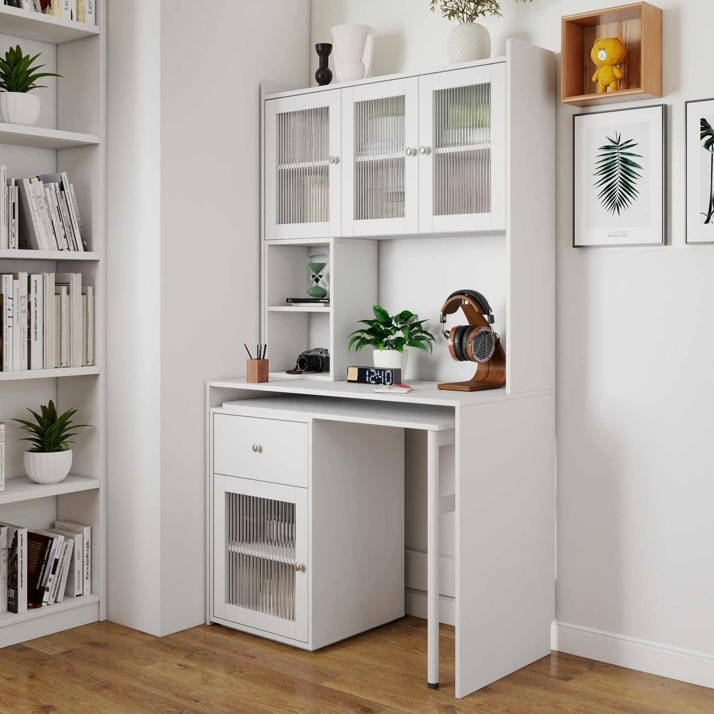Computer Desk With Glass Door For Home Office Or Study Desk, Bookshelf & Hutch, Computer Desk With 90 Degree Rotating Desktop,Large Working Space
