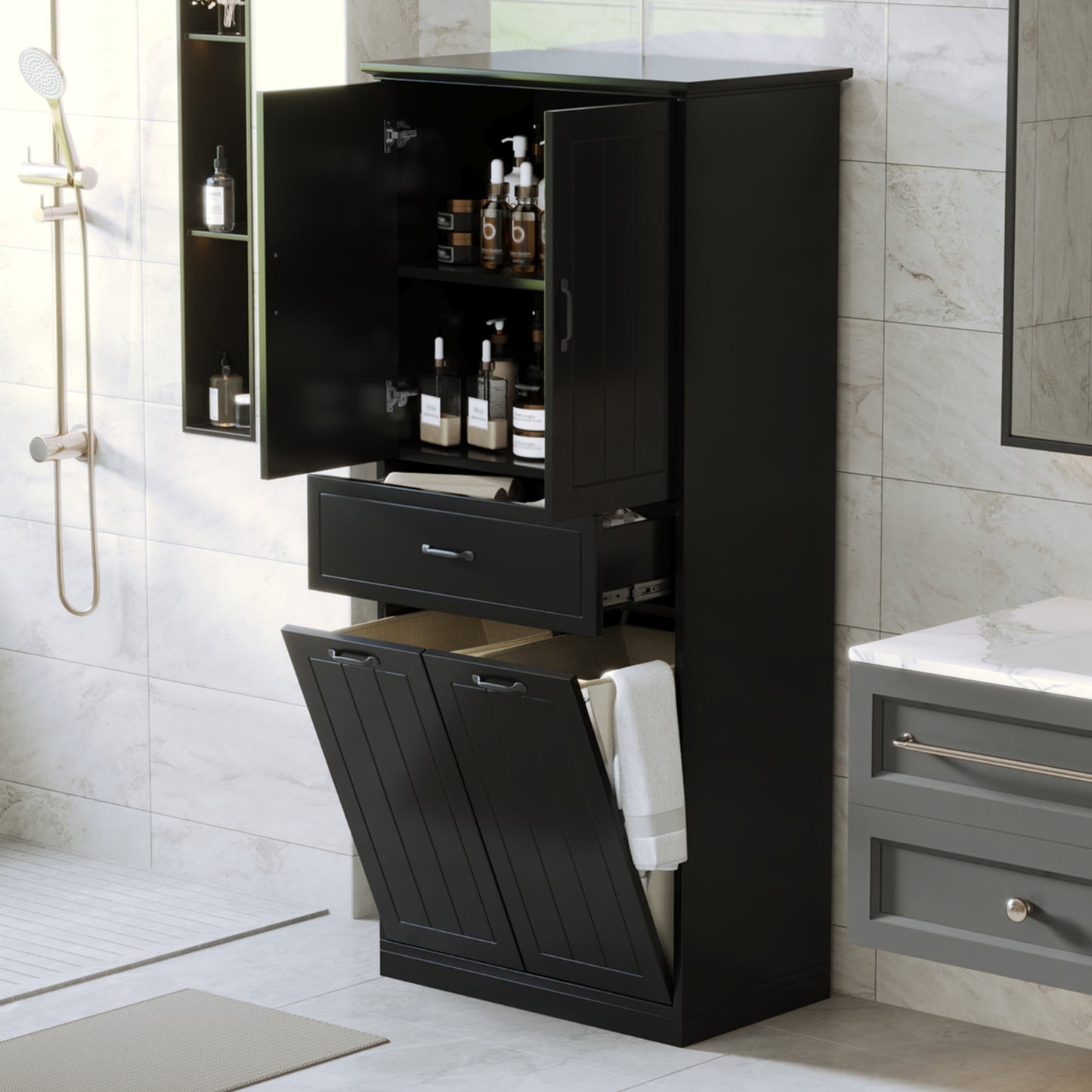 Bathroom Storage Cabinet With Two Laundry Baskets, Storage Cabinet With Doors And Drawer For Home, Black