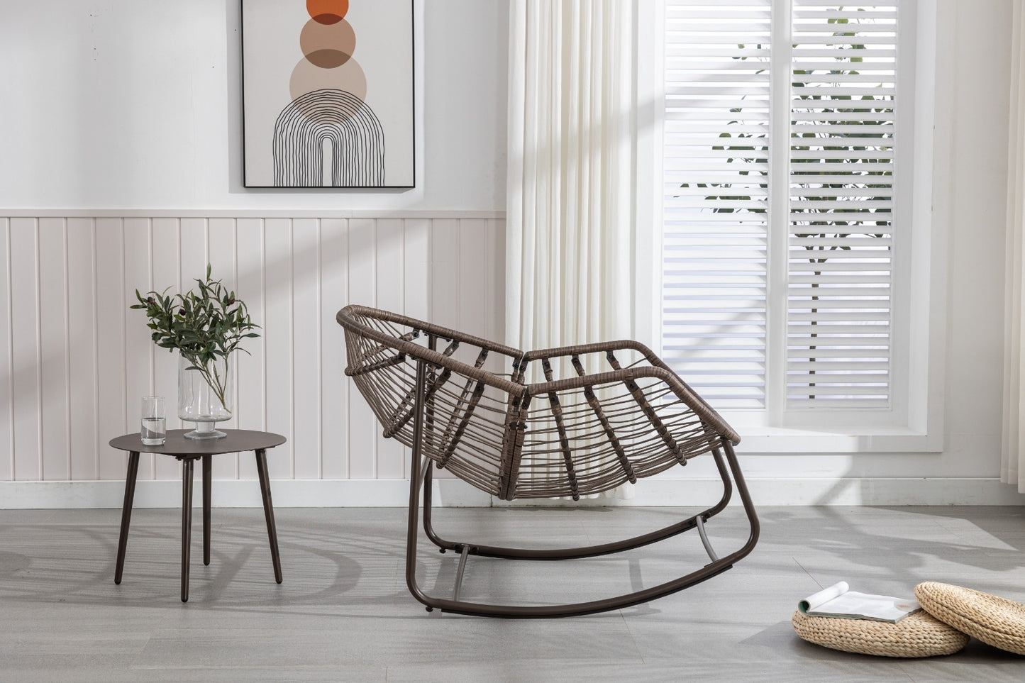 Outdoor Rattan Rocking Chair With Padded Cushion For Porch And Living Room