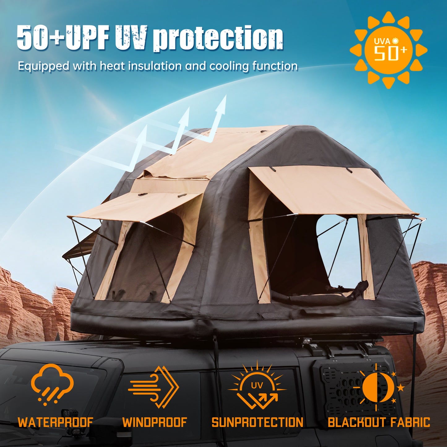 Foldable 2-3 People Amphibious Inflatable Car Roof Top Tent For Camping Outdoor Glamping Camping Tent For SUV, Truck - Without Ladder, Two-tone Style, Khaki & Black