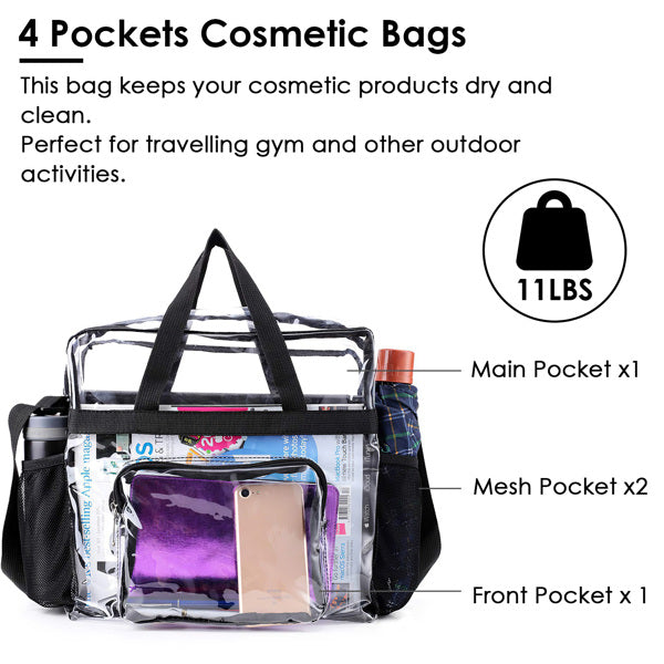 Clear Tote Bag -4-Pocket 0.4 Mm PVC Crossbody,Handbag, Adjustable Strap, Holds 11 Lbs, Waterproof & Cold-Crack Resistant, Perfect For Concerts, Sports, School, Work