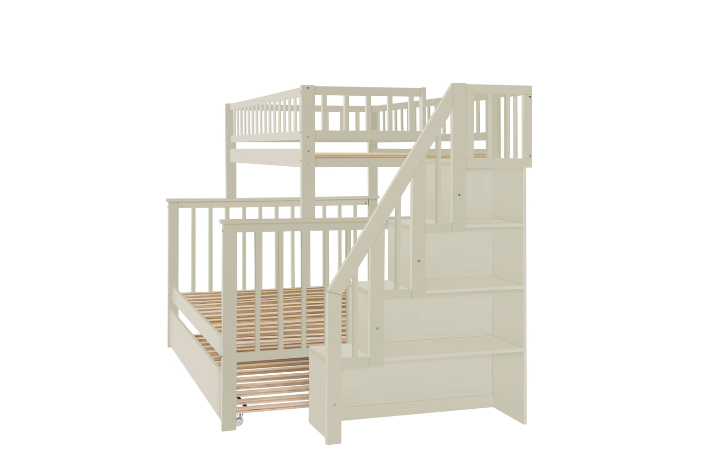 Twin Over Full Stairway Bunk Bed With Trundle,Cream