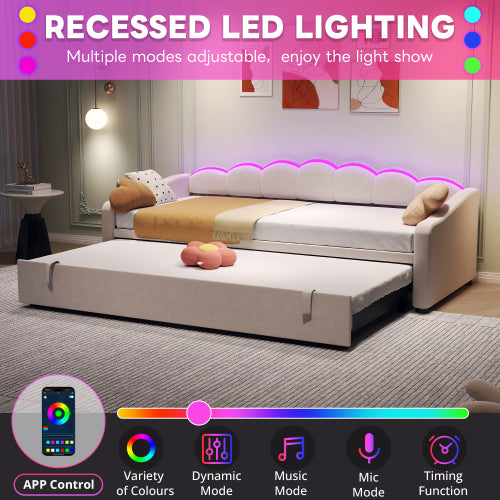 Upholstered Bed 90x190cm, Daybed, Sofa Bed With RGB LED Lighting, 3ft Petal Shape Single Bed With Trundle,Pull Out Trundle Bed For Living Room BedroomStudy Room, Velvet, Beige