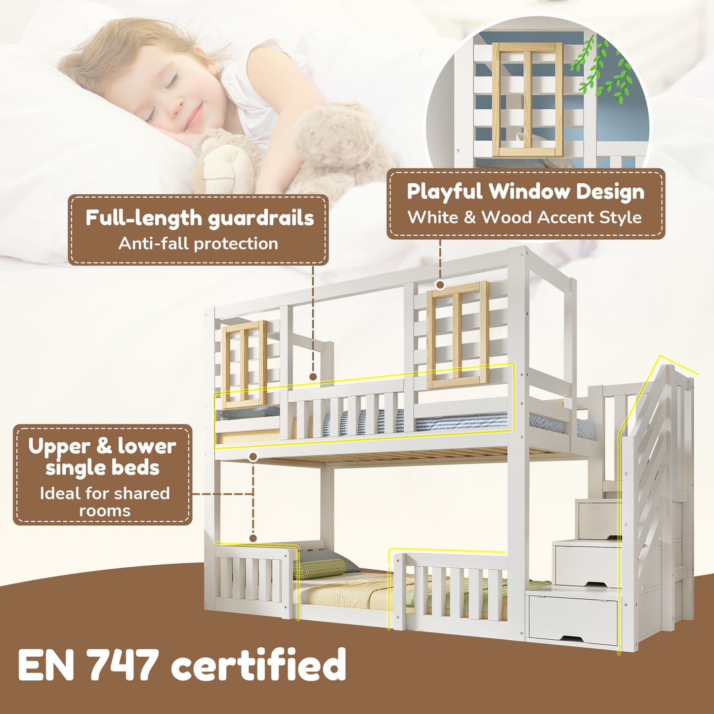 Bunk Beds For Kids, Wooden Cabin Bed With Staircase Storage, Multi-functional Tree-house Bed, Children's House Bed, Twin Sleeper 90 90 X 190 Cm, Solid Wood, White