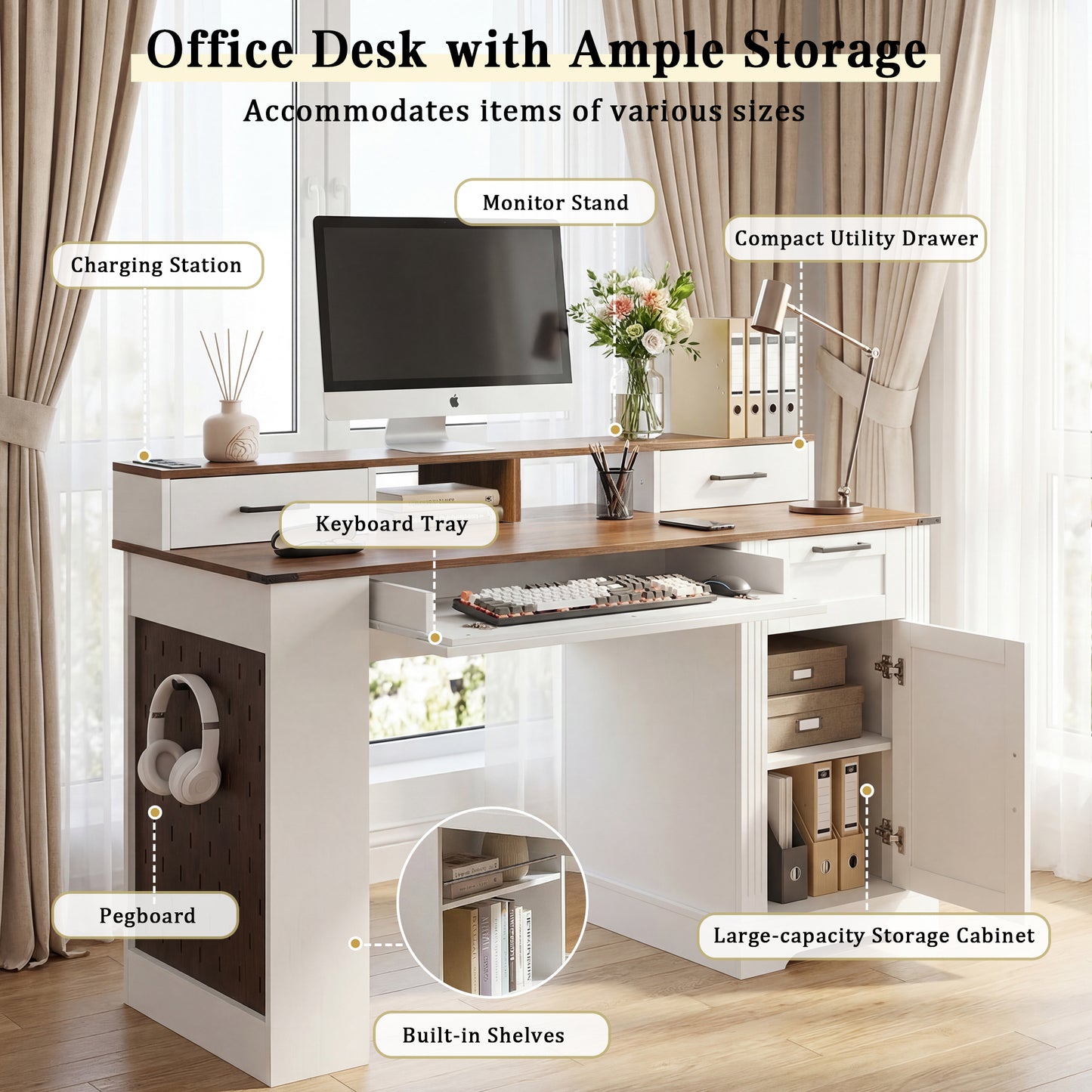 55 Farmhouse Office Desk With Storage Cabinet Charging Station, Barn Door Design Computer Writing Desk With Keyboard Tray, Monitor Stand And Pegboard For Study, Living Room, Home Office, White