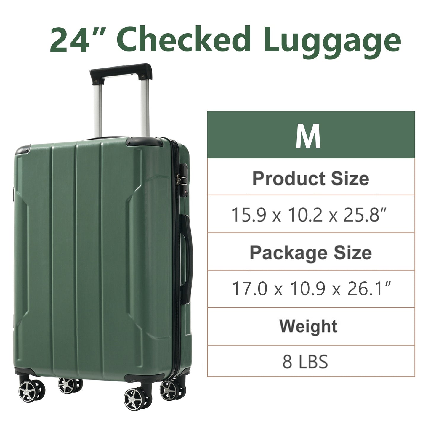 Hardshell Luggage, Lightweight Durable ABS Suitcases With Double Wheels, Expandable 24-inch Checked Luggage 24 Green