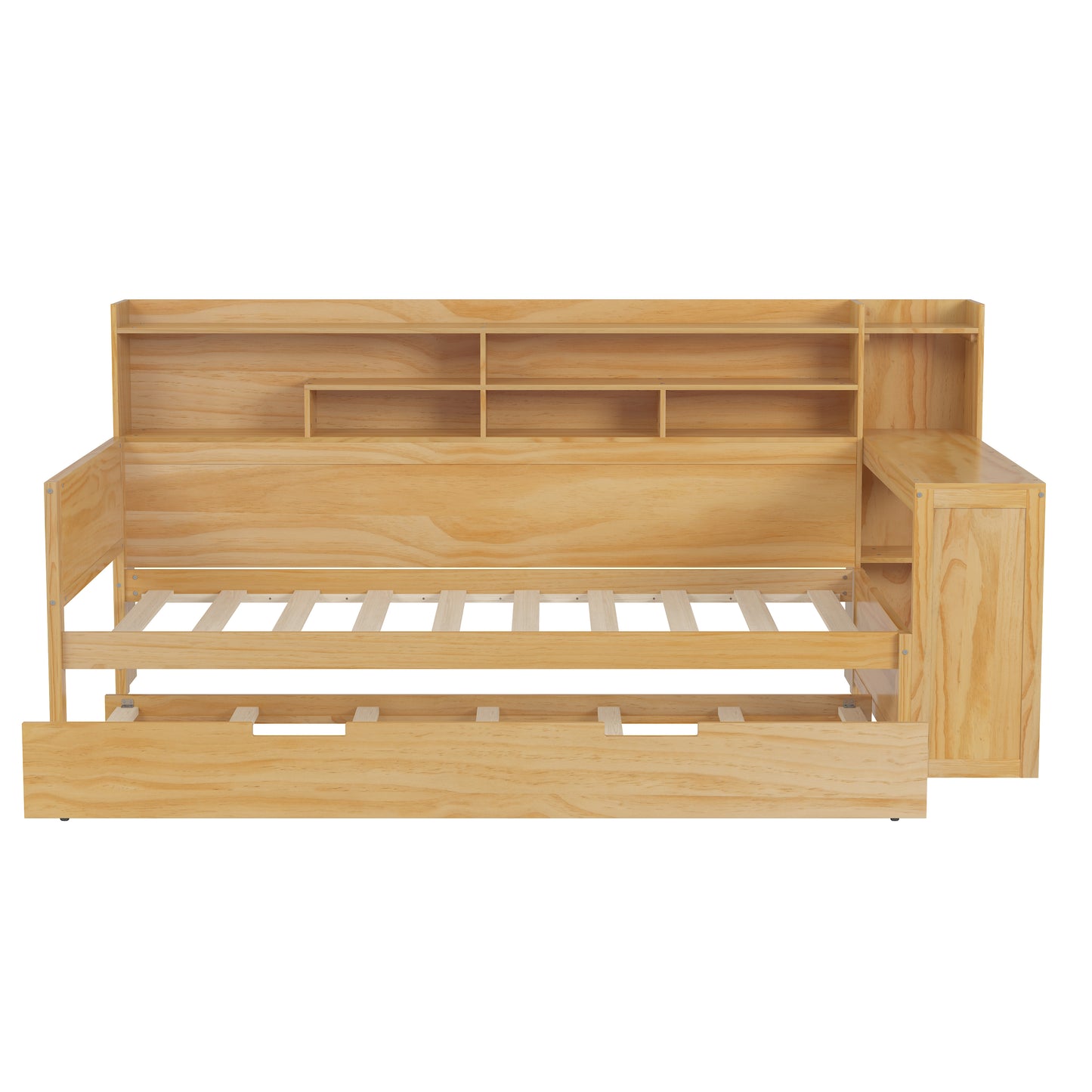 Wooden Twin Size Daybed With Storage Shelves, Multi-functional Bed With Twin Size Trundle Bed And Study Desk, Natural