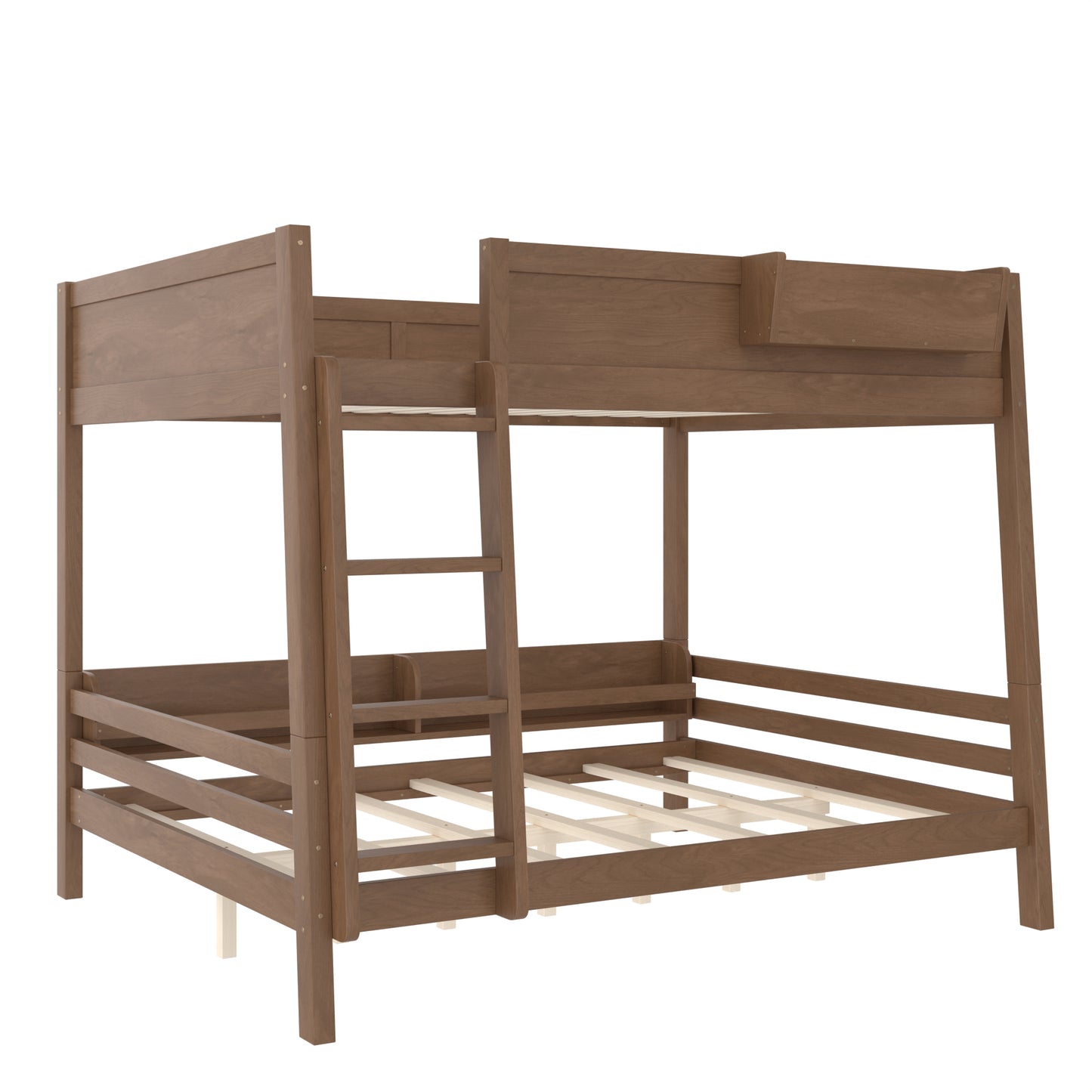 Queen Bunk Bed With Storage Shelf And Bookshelf,Wood Bunk Bed With Ladder And Guardrails,Detachable Design,Vintage Wood.