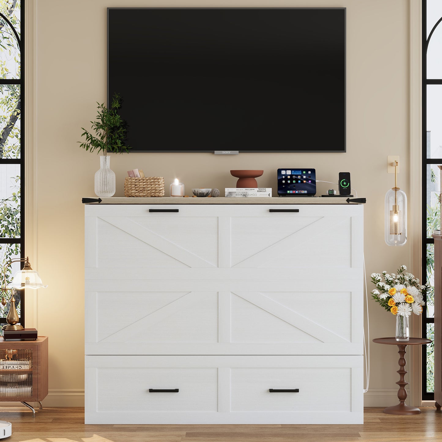 Full Size Farmhouse Murphy Cabinet Bed With Charging Station, Foldable Platform Bed With Large Storage Drawer For Guest-Room, Small Bedroom, White