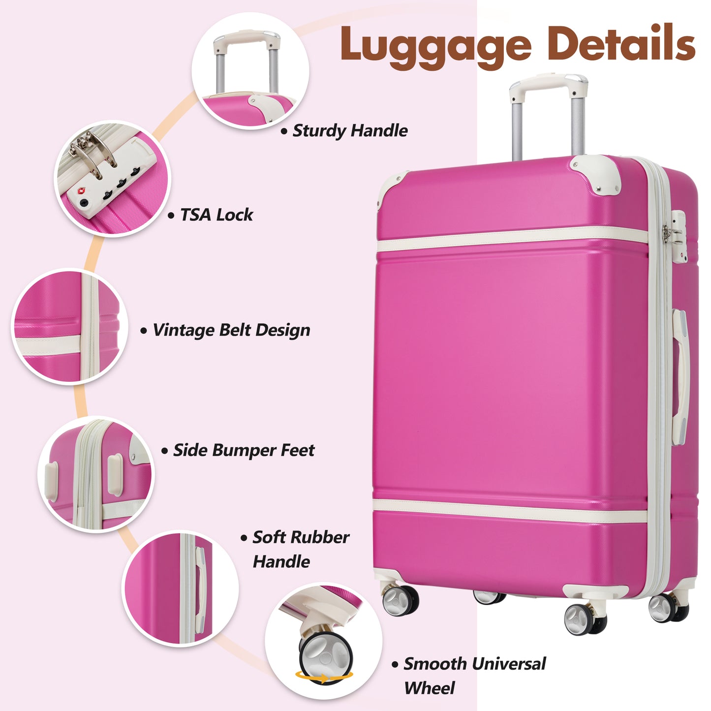 Hardshell Luggage Sets With Bags Lightweight Suitcase Double Spinner Wheels With TSA Lock ,Single Vintage Luggage 28 IN,Pink