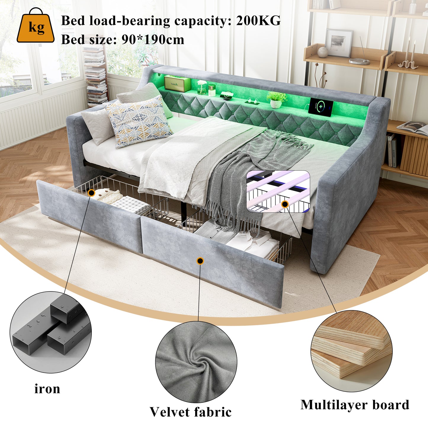 Upholstered Bed, 3FT Single Bed 90x190cm, Daybed Sofa Bed, With Light Strip, Charging Port, 1 Type A -1 Type C, 2 Drawers On Wheels, Youth Bed, For Adults & Teenagers, Easy Assembly, Velvet, Grey
