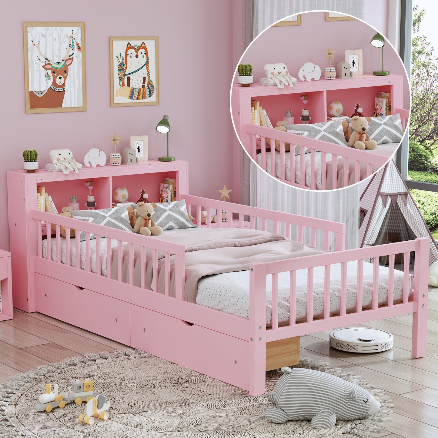 Twin Size Bed With Headboard Storage Rack, Two Under-Bed Drawers, Three-Side Guardrails For Safety And Security,Pink