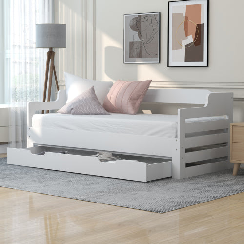 Daybed, Trundle And Drawer, Cabin Bed, SIngle Guest Bed Sofa Bed, Pull Out Trundle And Storage Drawer For Living Room And Bedroom - 3 90 X190 Cm - White