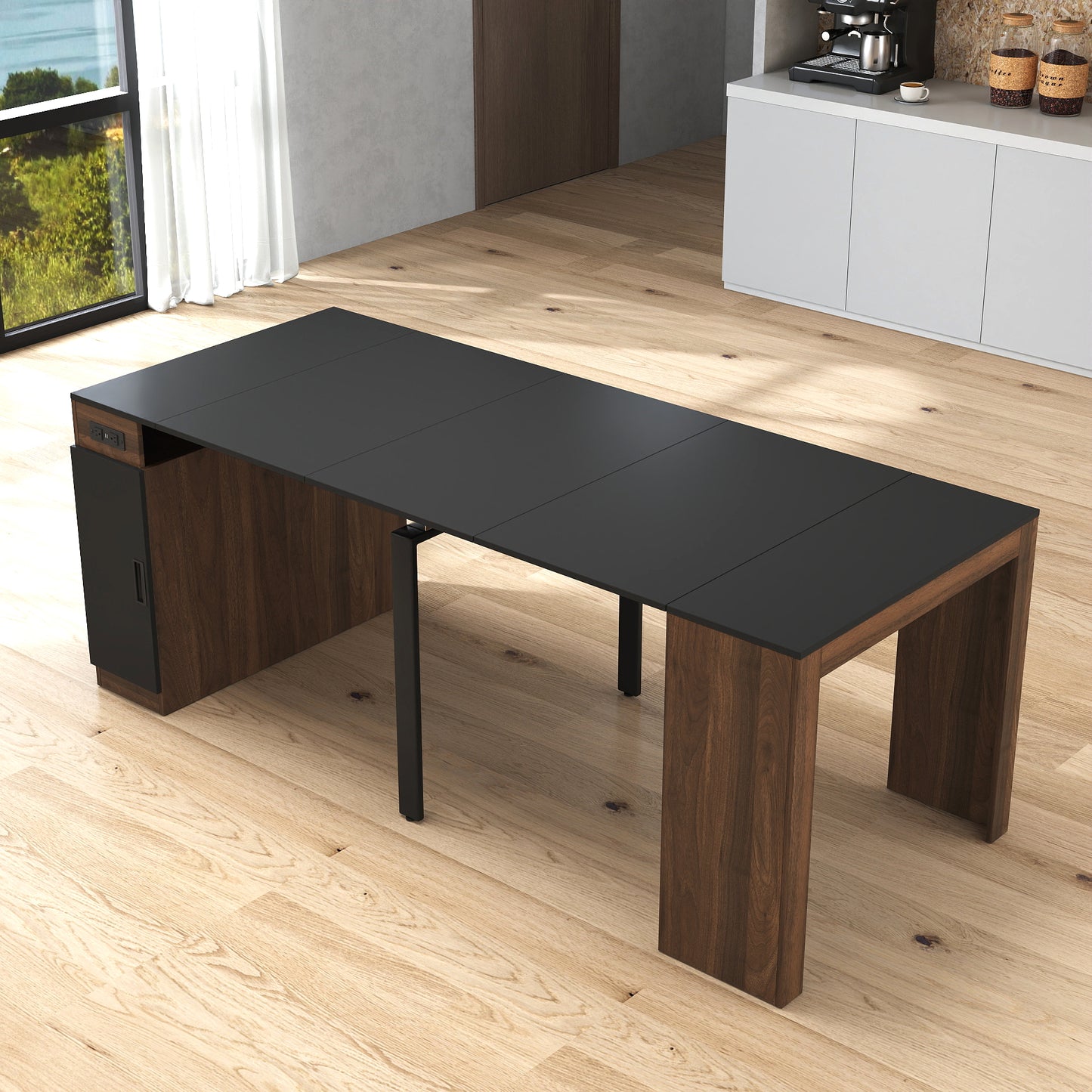 Modern Multifunctional Extendable Dining Table With Outlet, Space Saving Expanding Table With Storage For Party, Weddings, Meetings, Celebrations