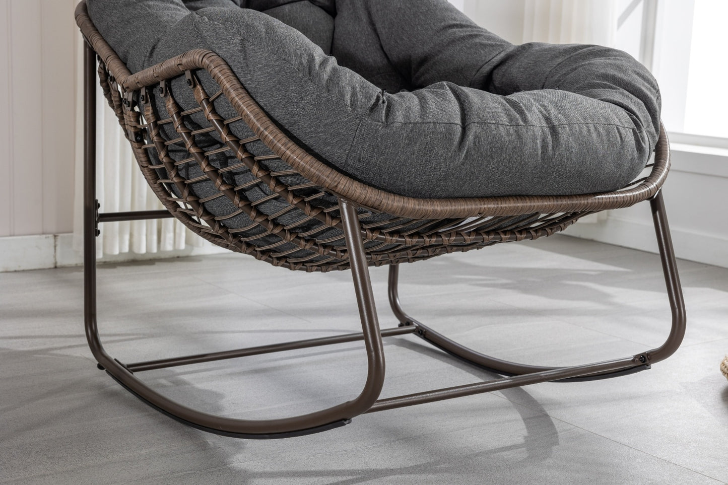 Outdoor Rattan Rocking Chair With Padded Cushion For Porch And Living Room