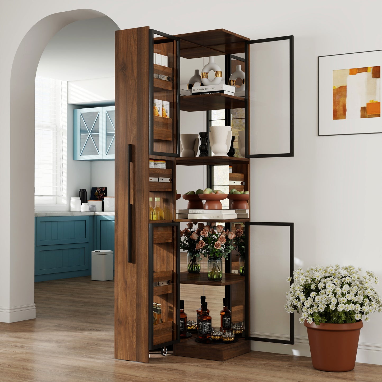 70 Display Cabinet With Glass Doors And Lights, With Multi-functional Pull-out Multi-tier Storage Shelf , Wooden Display Storage Cabinets