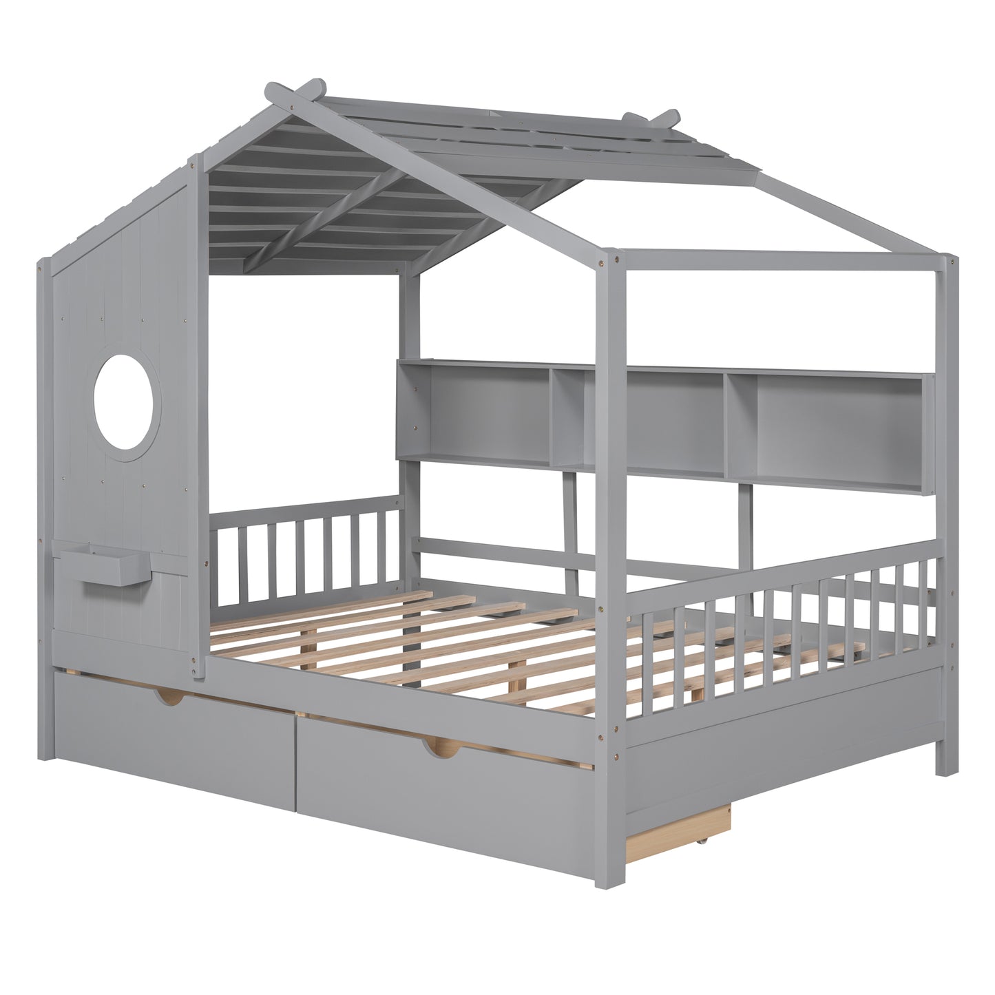 Wooden Full Size House Bed With 2 Drawers,Kids Bed With Storage Shelf, Gray