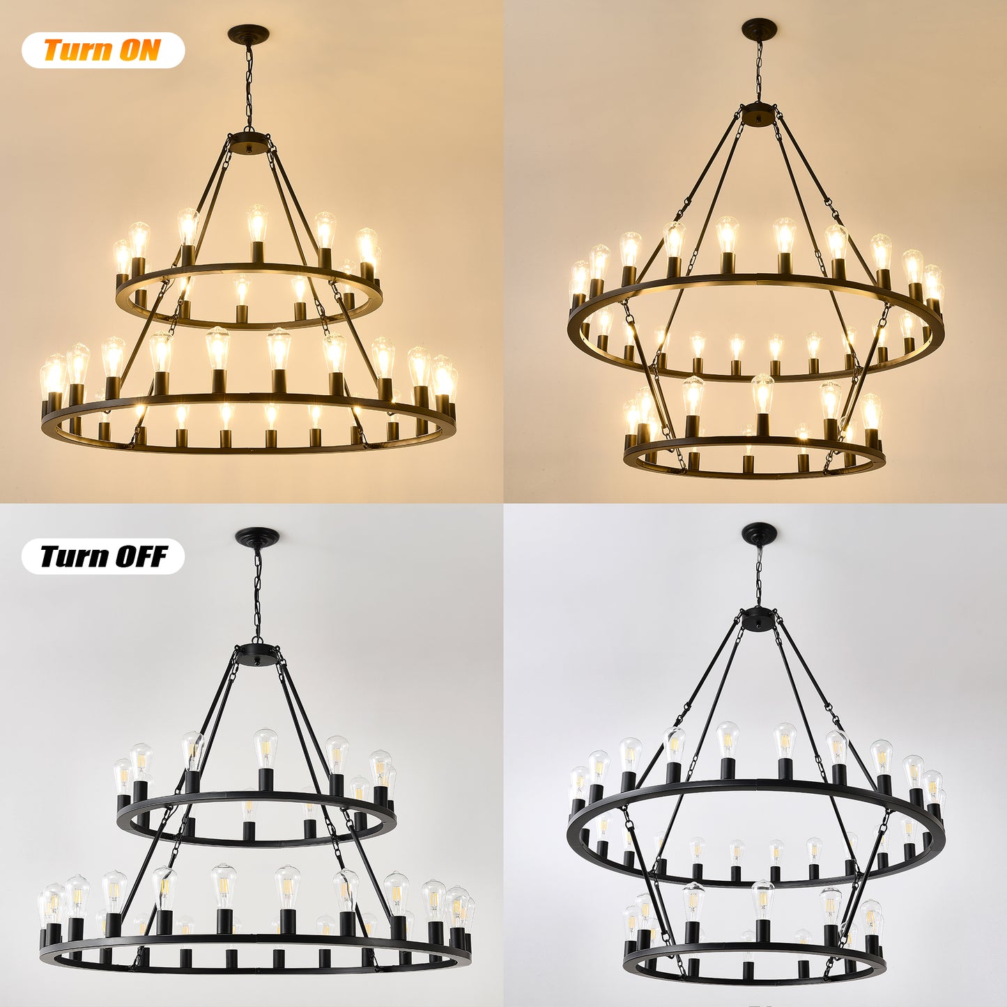 48 Inch Black Extra Large Wagon Wheel Chandelier, 2 Tier 36-Lights No Include Farmhouse Industrial Round High Ceiling Pendant Light Adjustable Chain, For Dining Room, Living Room,Kitchen