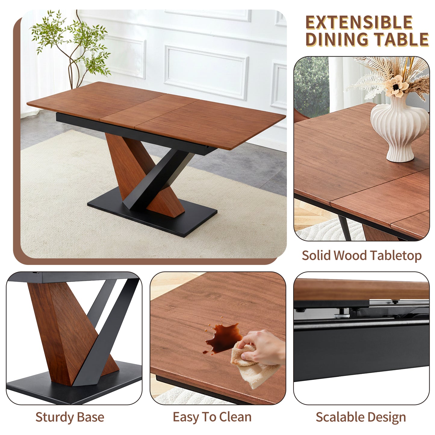 Modern Dining Table With MDF Solid Wood Veneer Tabletop, Natural Texture, Scratch-Resistant, Cross Geometric Metal Legs For Contemporary Kitchen & Dining Room Dark Walnut, 1 Table