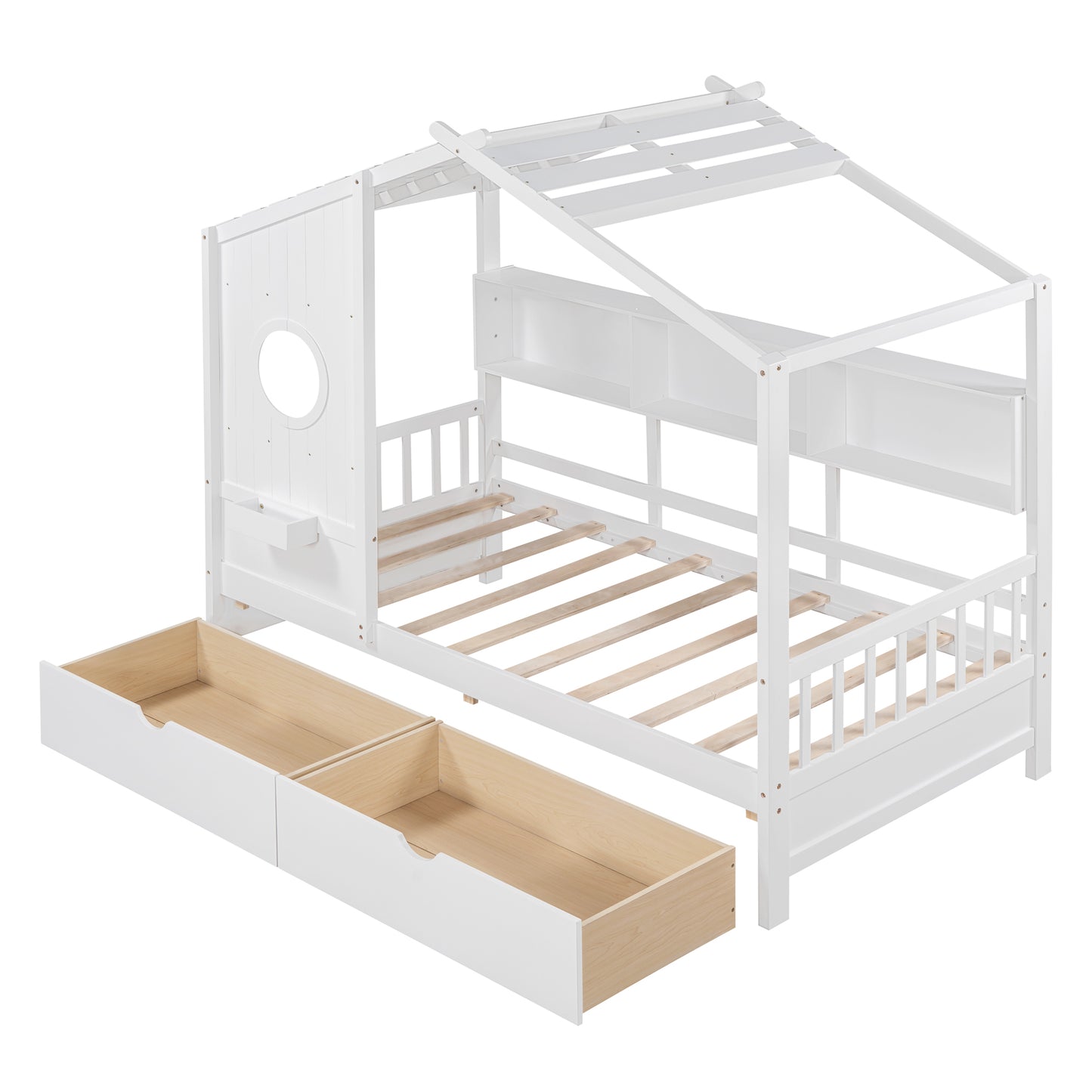 Wooden Twin Size House Bed With 2 Drawers,Kids Bed With Storage Shelf, White