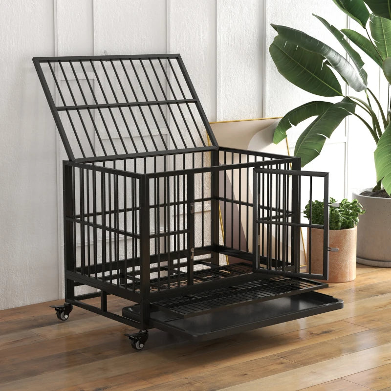 Heavy Duty Dog Crate Metal Cage Kennel With Lockable Wheels, Double Door And Removable Tray, Gray