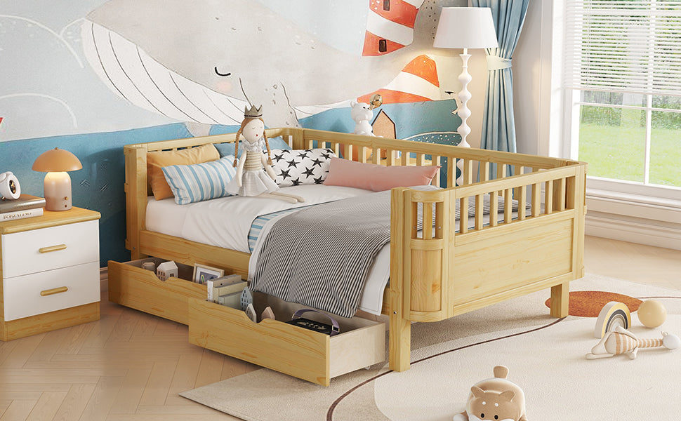 Twin Size Wood Platform Bed For Kids, Wood Low Profile Twin Bed With Rails For Girls And Boys, Natural Old SKU W2593P331680