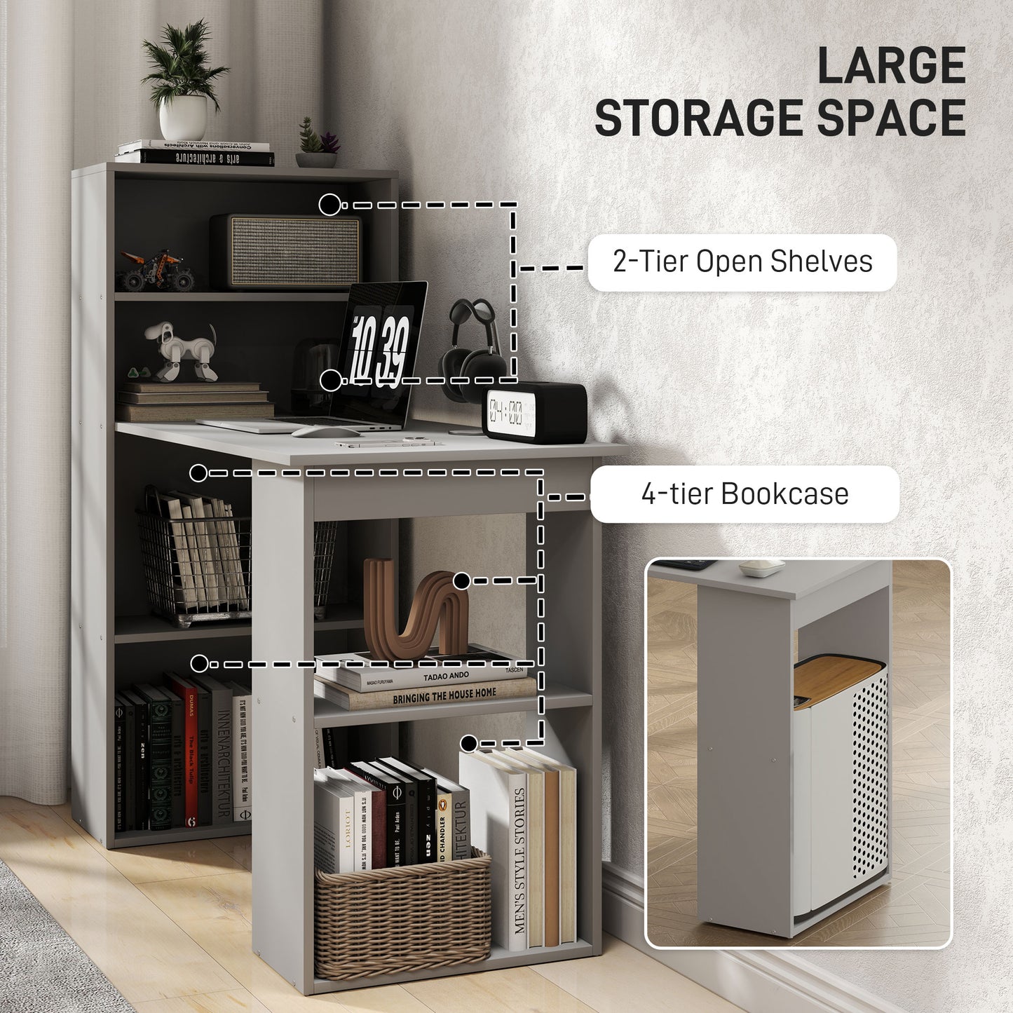 Compact Computer Desk With 6-Tier Storage Shelves, Writing Table Workstation With Bookshelf For Home Office, Gray
