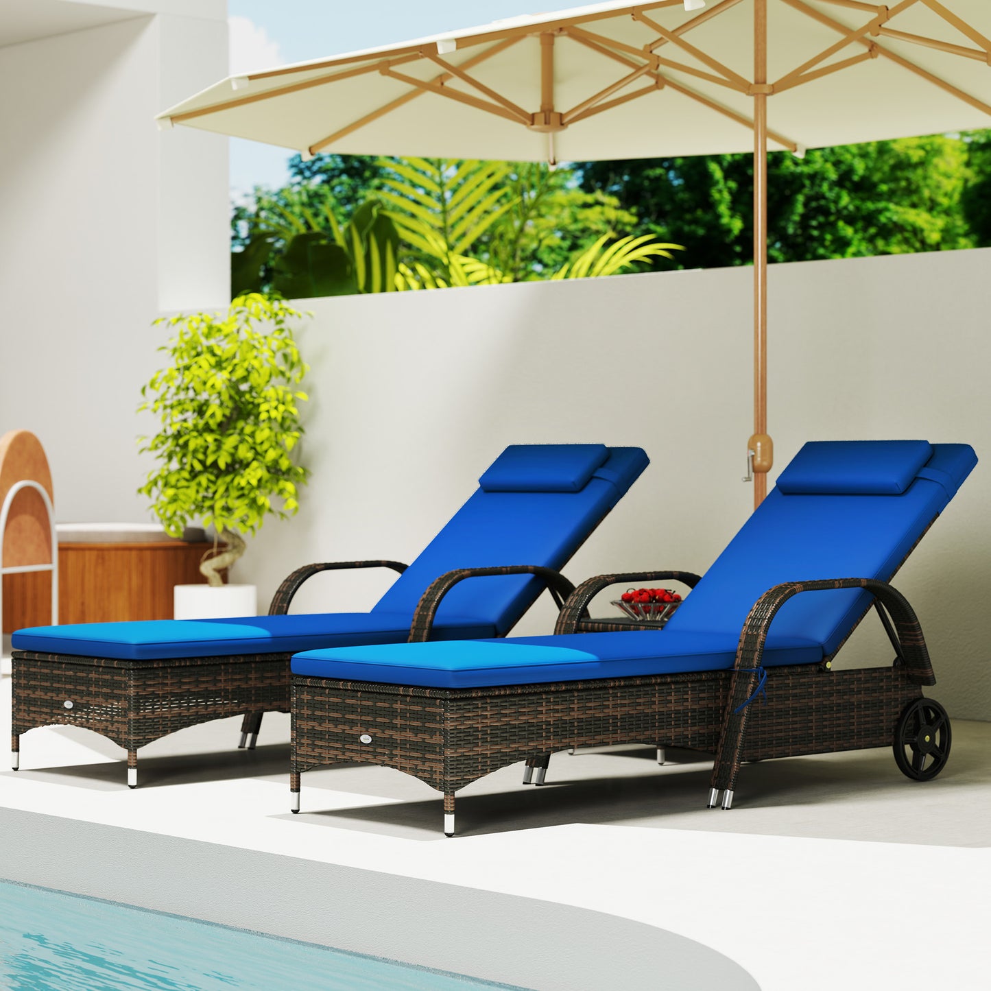Patio Wicker Chaise Lounge Chair Set of 2 with Table, Adjustable Backrest, Wheels, Cushion & Headrest, Blue