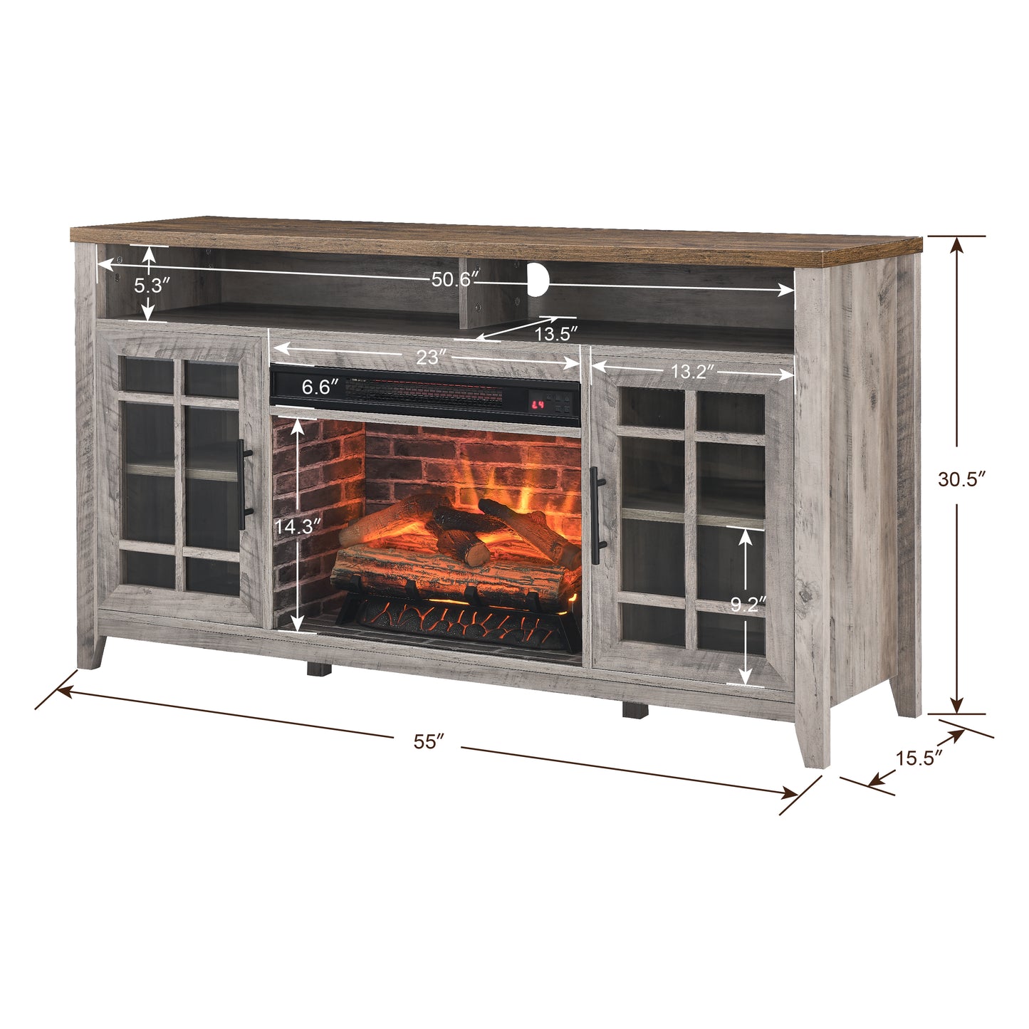 55 Inch TV Media Stand With Electric Fireplace KD Inserts Heater,Gray Wash Color