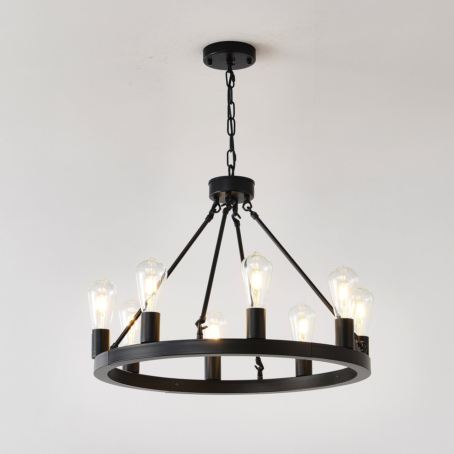 8-Light No Bulbs Matte Black Wagon Wheel Chandelier Farmhouse Modern Small Round Chandelier For Living Room Kitchen Island Foyer Hallway Entryway Bedroom Dining Room Light Fixture Ceiling Hanging