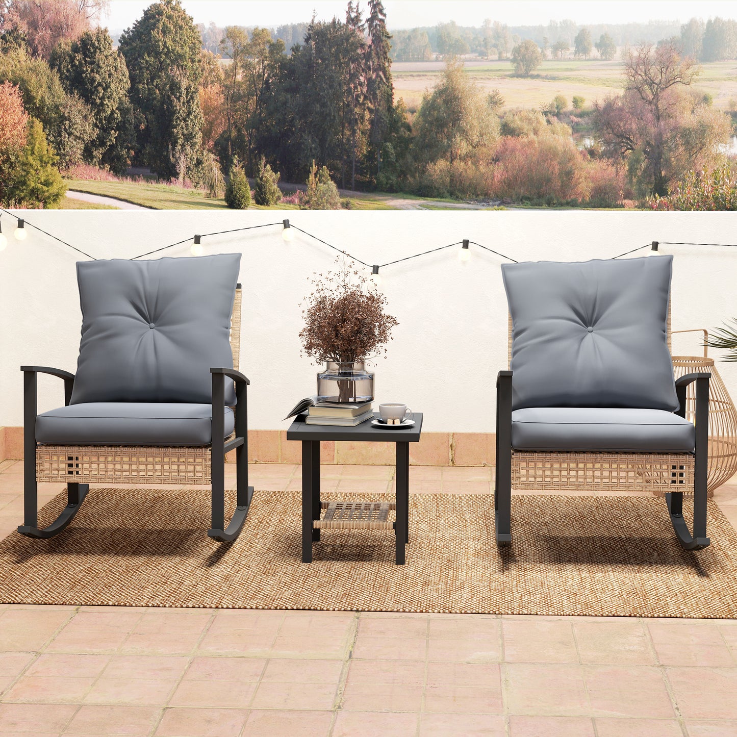 3 Pieces Bistro Set, Patio Wicker Furniture Set with Button Tufted Cushions, Rattan Rocking Chairs, Coffee Table, Gray