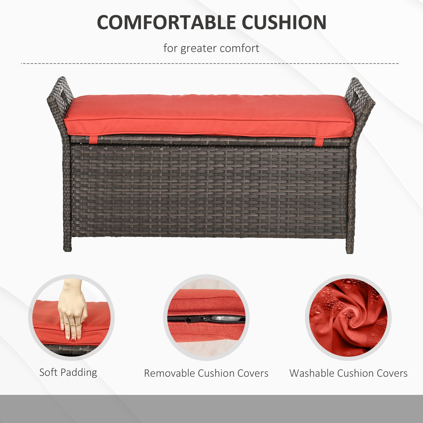 29 Gallon Patio Wicker Storage Bench, Outdoor PE Rattan Patio Furniture, 2-In-1 Large Capacity Rectangle Garden Storage Box With Handles And Cushion, Red