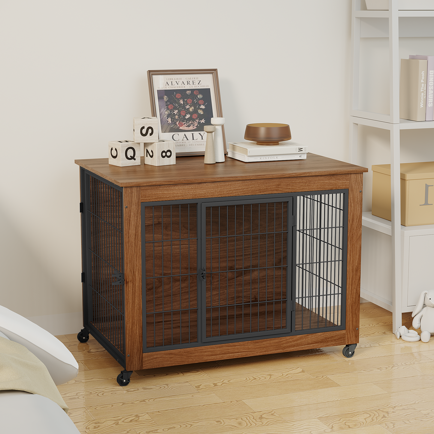 38.6 Dog Crate Furniture With Wheels For Small Dogs, Heavy Duty Dog Kennel Indoor With 2 Doors, Wooden Pet Cage End Table, Double-Doors Sturdy Metal Dog Cage For Anxiety Dog