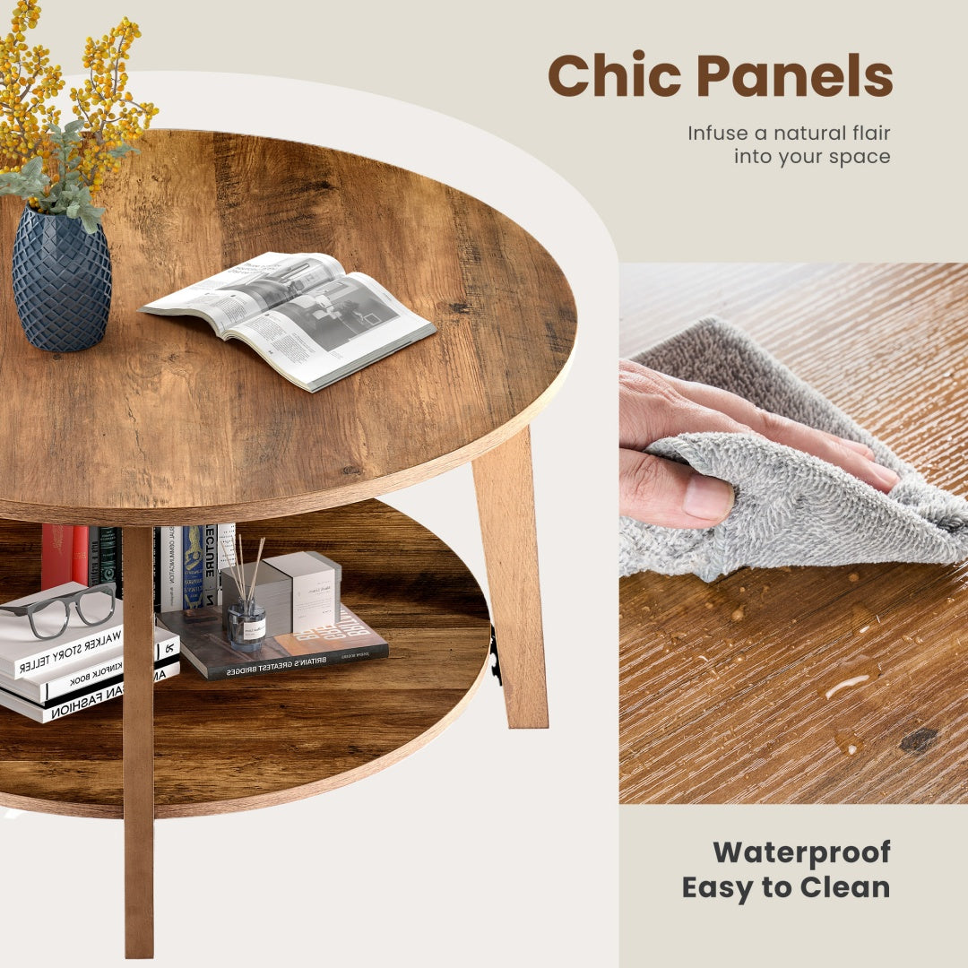 Round Coffee Table, 32 Wood Coffee Tables For Living Room With Storage, 2-Tier Center Circle Counter With Wooded Desktop