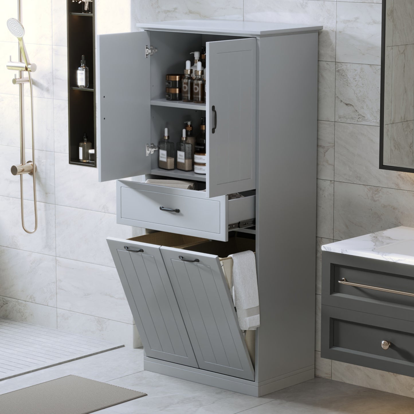 Bathroom Storage Cabinet With Two Laundry Baskets, Storage Cabinet With Doors And Drawer For Home, Grey