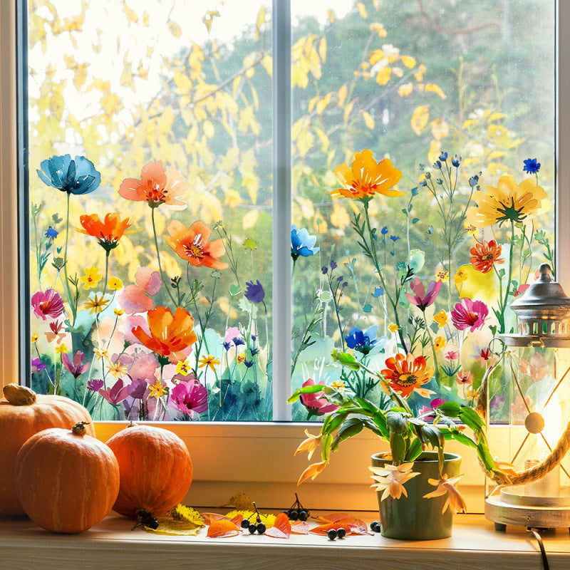 Flowers, Plants And Flowers Combination Glass Paster Decorative Sticker