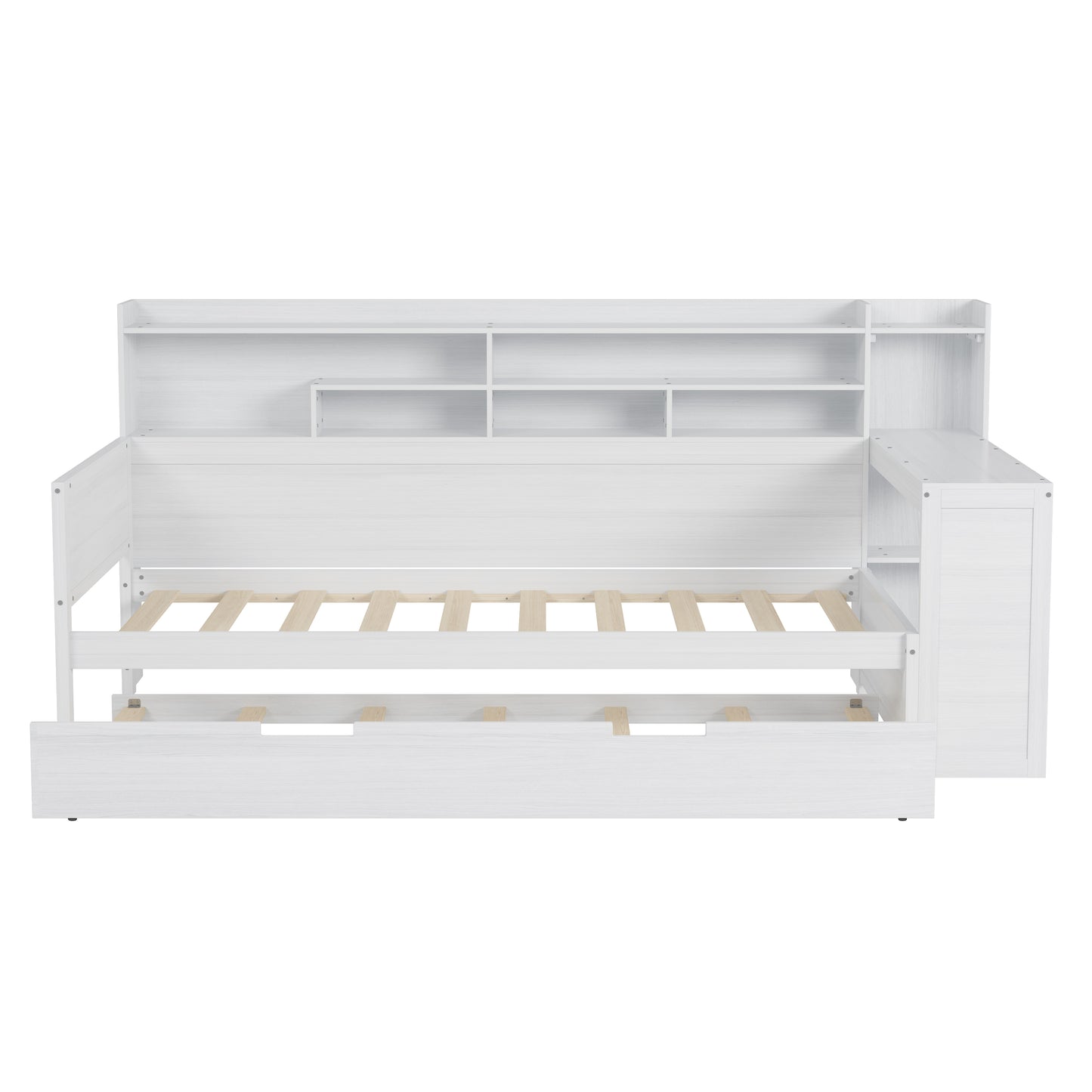 Wooden Twin Size Daybed With Storage Shelves, Multi-functional Bed With Twin Size Trundle Bed And Study Desk, Antique White