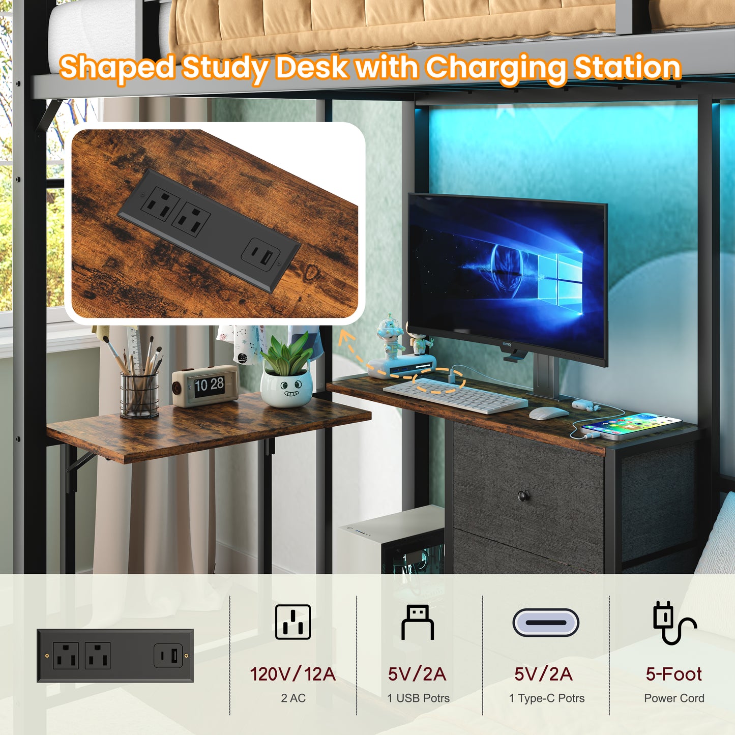 Bunk Bed With Folding Table, 3 Storage Drawers, Made Of Metal, Suitable For A Single Bed, Equipped With LED Lights And Charging Stations, Bunk Bed With Safety Railings And Ladder, Space-saving, Black.