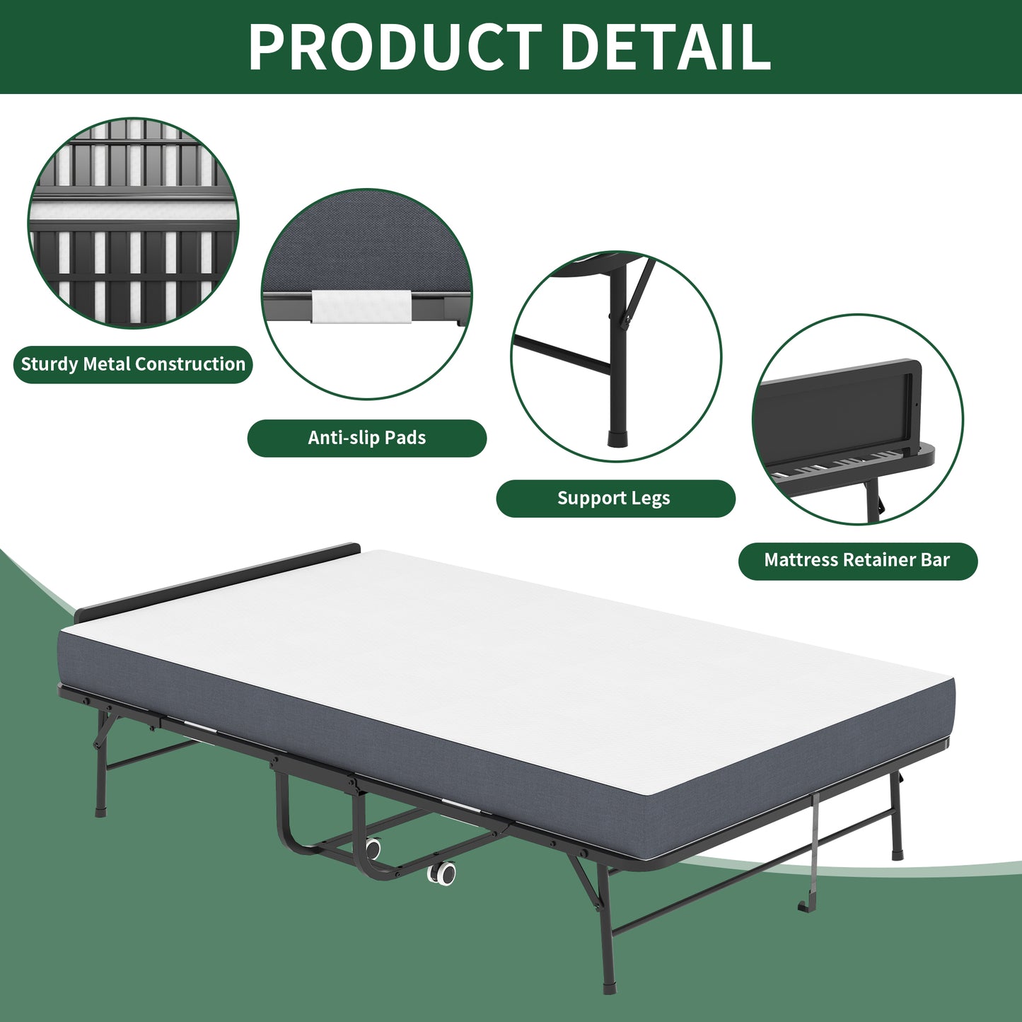 75 X46 Wide Folding Bed With Adjustable Headboard, Extra Long Rollaway Bed For Tall People, 5 Memory Foam Mattress, Heavy-Duty Guest Bed On Wheels, Spacious Twin Cot
