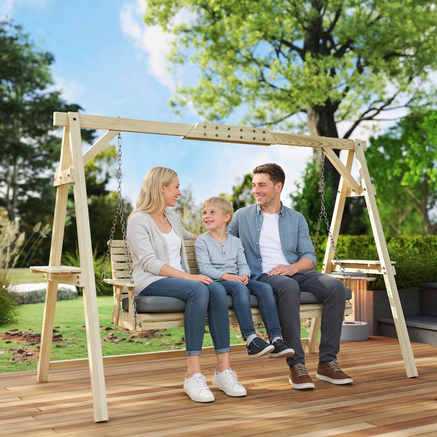 3 Seat Wooden Porch Swing with Stand, Patio Swing with Cushion, for Garden, Poolside, Backyard, Natural Wood