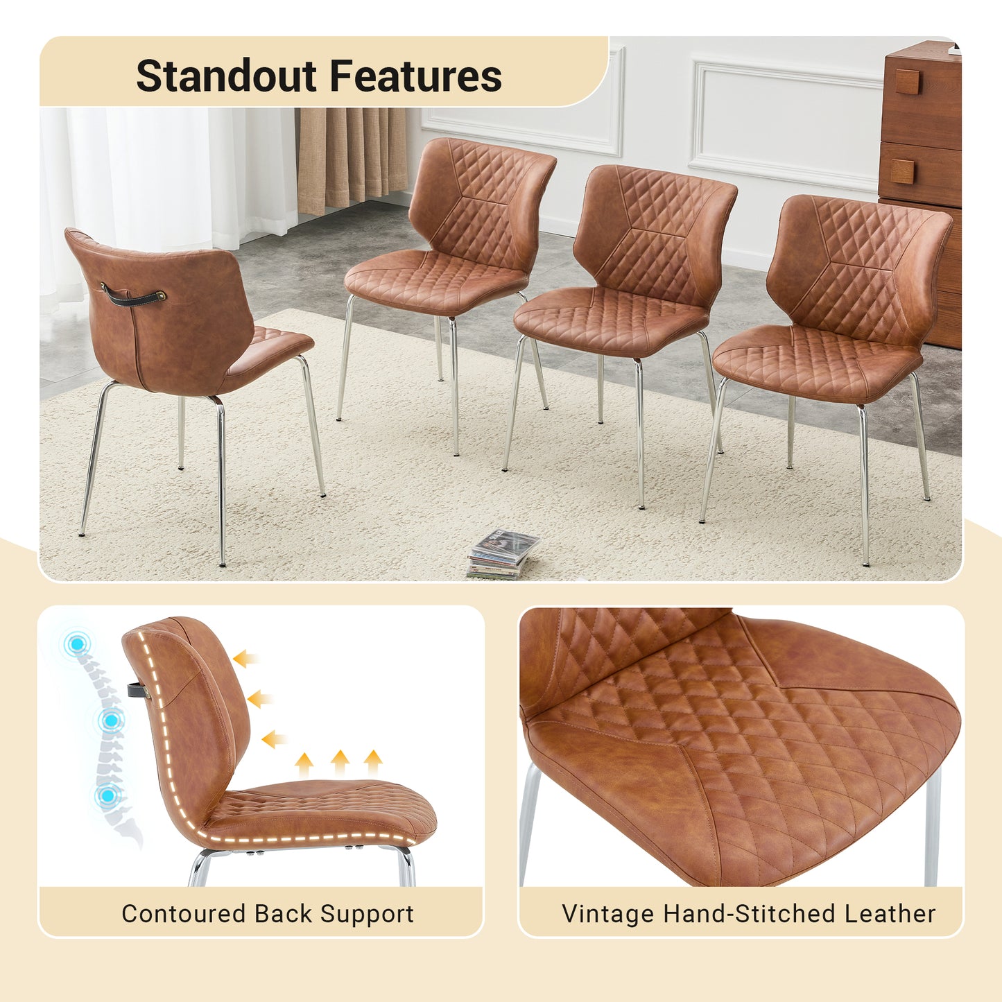 Dining Chairs Set Of 4, Brown Oil Waxed Leather Dining Chairs With Electroplated Metal Legs, Adjustable Non-Slip Foot Pads, Diamond-Tufted High Back Upholstered Dining Room Chairs Brown, Set Of 4