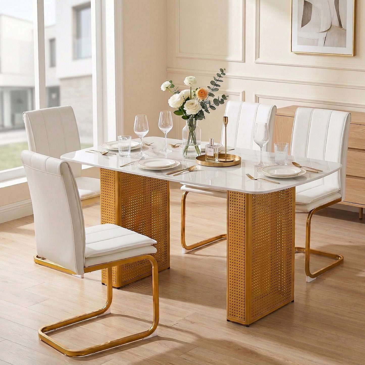 Modern Rectangular Tempered Glass Dining Table, Marble-Patterned Design With Gold Dual-Pedestal Metal Base, Ideal For Dining Room & Home Office